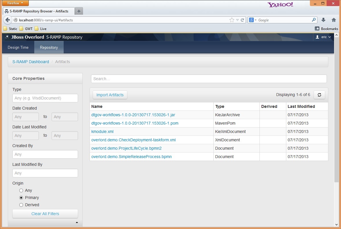 Screenshot of the DTGov data in S-RAMP